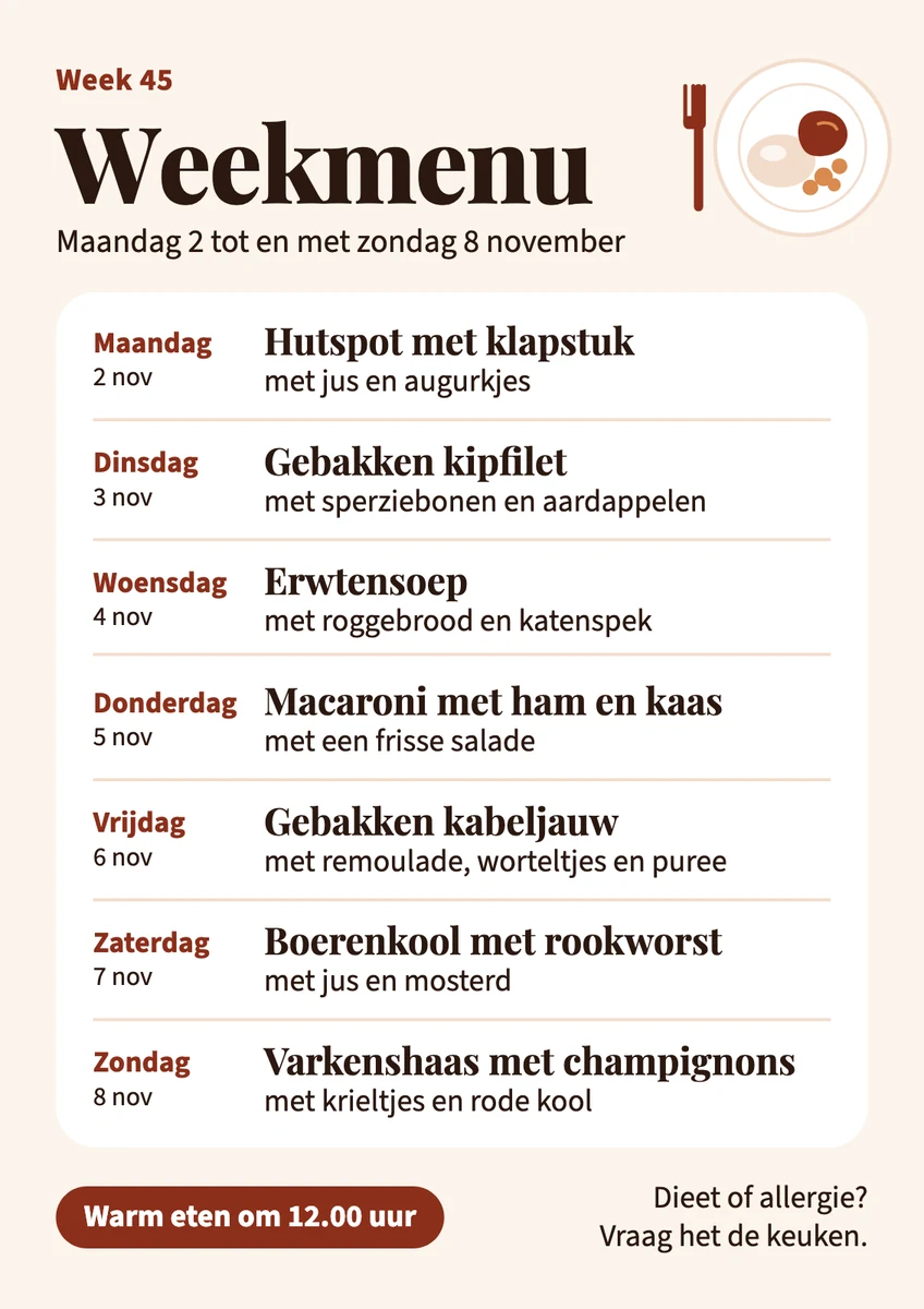 Weekmenu met per dag het warme eten